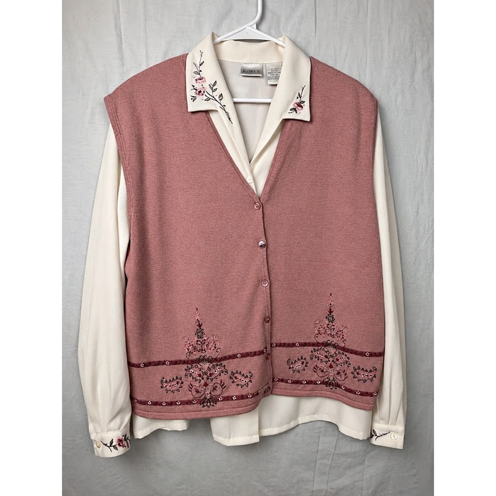 Koret Vintage 2 Piece Set Embroidered Floral Blouse and Rose Knit Vest XL